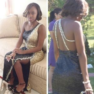 Jewel high slit black prom dress